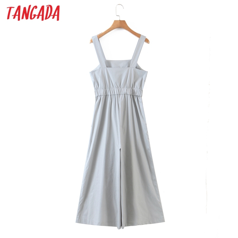Summer Women Gray Crop Sleeveless Pocket Female Casual Jumpsuit QW79 210416