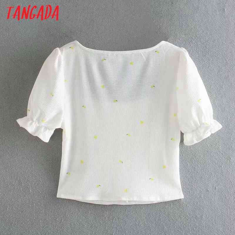 Women Retro Print Crop Square Collar Short Sleeve Summer Chic Female Slim Shirt Tops 3D43 210416