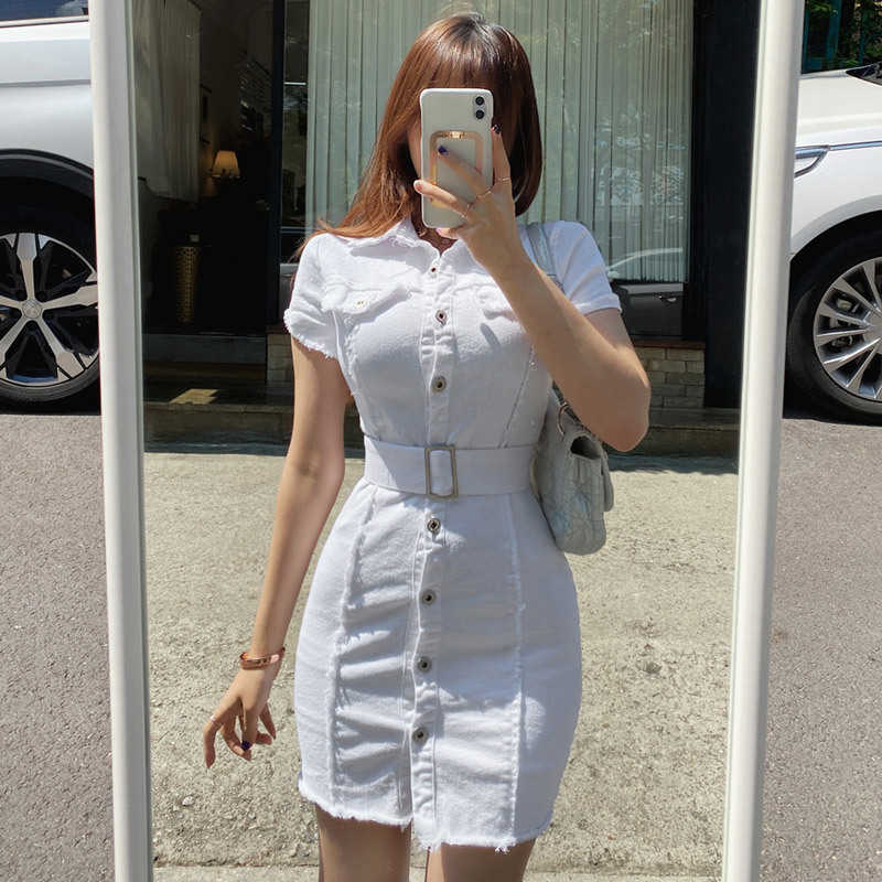Korea Summer elastic White Slim Buttons Belt Sexy Mini T Shirt Party Dress Elegant Women Denim Dresses Vintage 7MOZ 210603