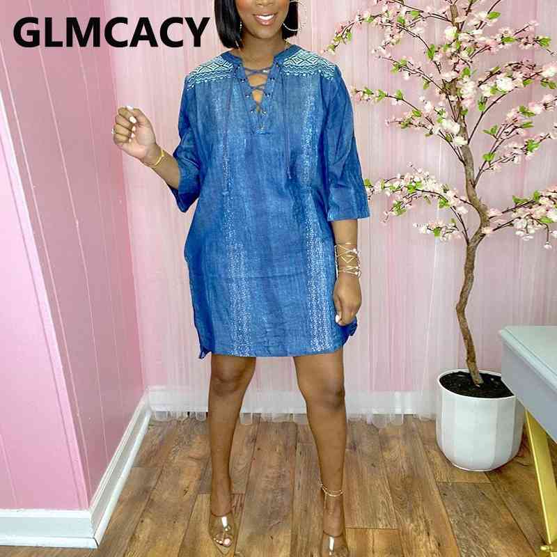 Half Sleeve Lace Up Casual Denim Mini Dress 210702