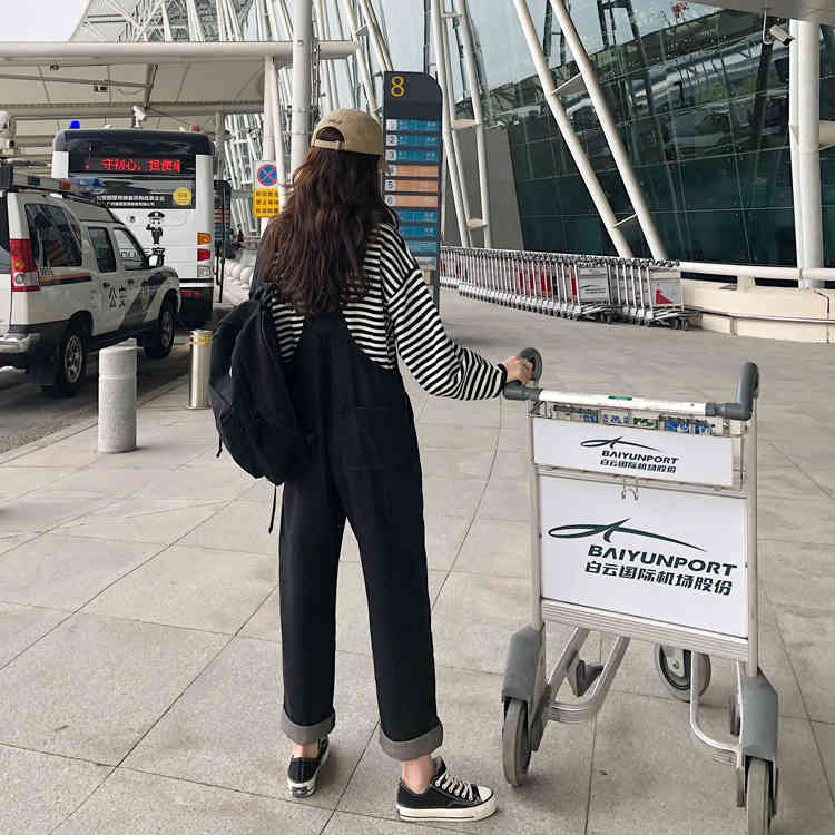 SML jeans womens autumn loose Black straight pants trousers jumpsuit korean casual loose denim overalls womens (72727 210423