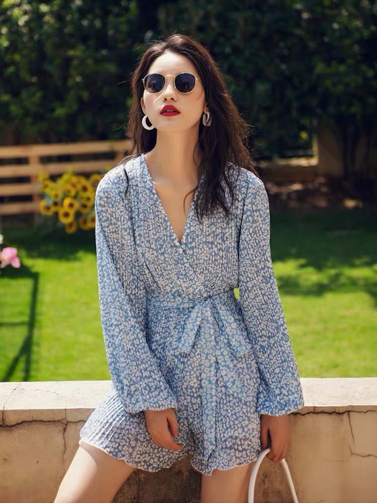 summer chiffon blue floral printed v-neck long sleeve ruffles playsuit women beach holiday casual wear lady clothes sashe 210421