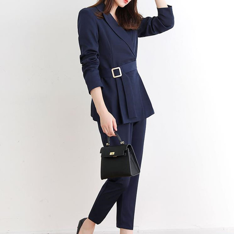 Professional Women Blazer Pants Suit OL Elegant Business Wear Lace-up Blazers + Suits 2 Piece Sets 210421