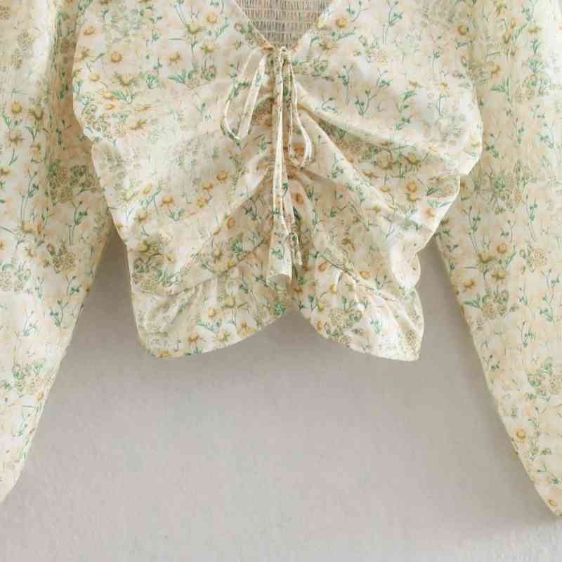 Summer Women Flower Printing V Neck Drawstring Short Blouse Female Long Sleeve Shirt Casual Lady Crop Tops Blusas S8709 210430