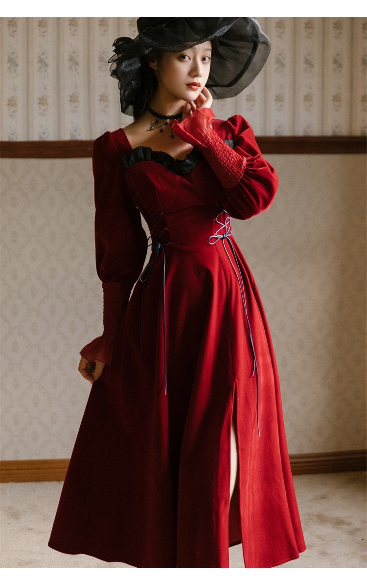 victorian square collar long sleeve elegant red autumn winter velvet midi dress for women ruched strawstring 210421