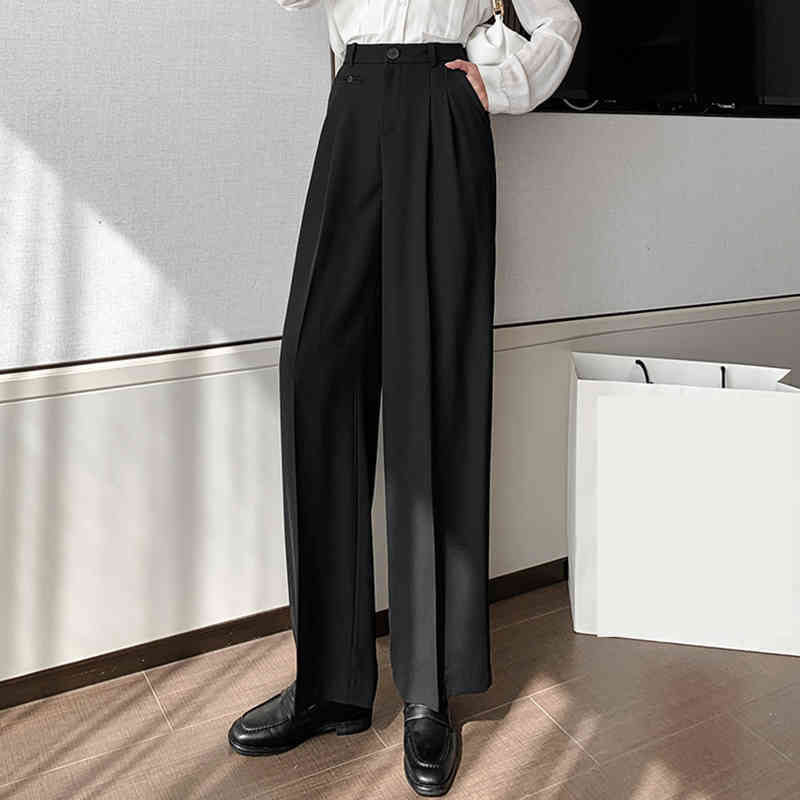 Spring Autumn Button Casual Suit Ladies Loose Straight High Waist Wide Leg Trousers Solid Soft Pants B11322P 210416