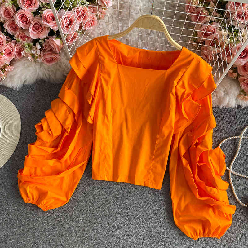 Nomikuma Korean Square Collar Slim Short Blouse Ruffle Pleated Puff Long Sleeve Tops Spring New Sweet Blusas Shirt 6G337 210427