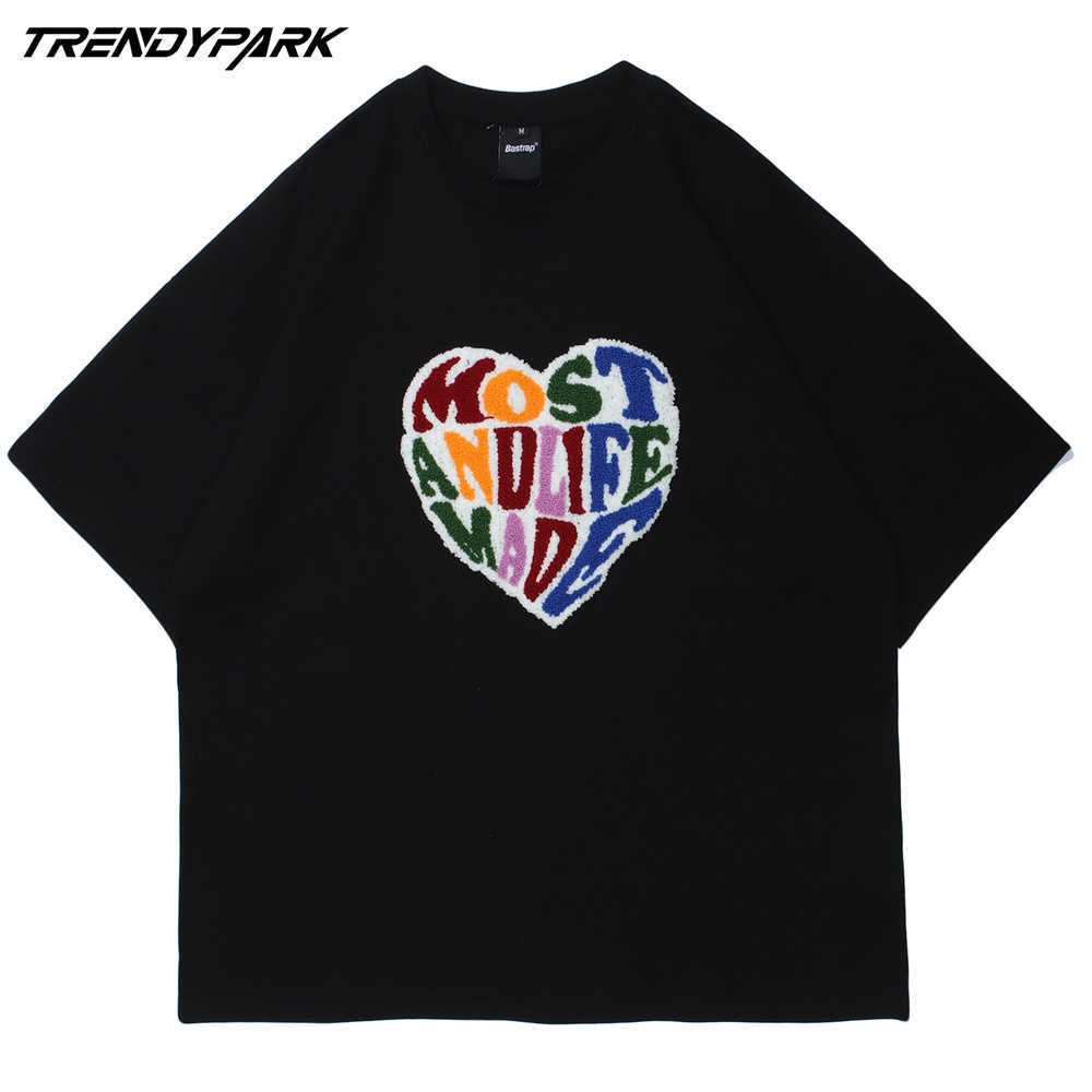 Men's Hip Hop Oversized T-Shirt Letters Heart Printed T Shirt Harajuku Cotton Casual Tshirt Summer Short Sleeve Tops Tee 210601