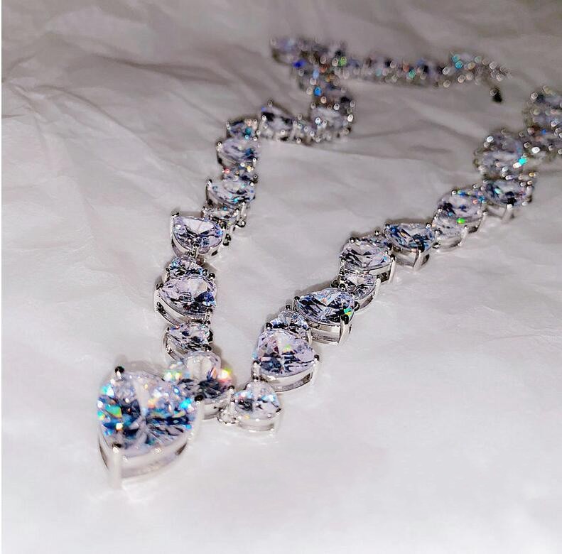 Choucong Brand Sparkling High Quality Jewelry Heart Pendant Sterling Sier Full Pear Cut White Topaz Sweet Cute CZ Dia Women Wedding Necklace Gift