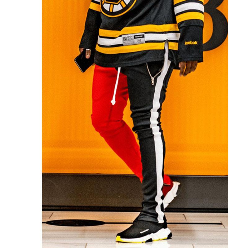 Fashion Drawstring Patchwork Two Color Mens Casual Pencil Pants Streetwear Men Slim Fit Jogger Zipper Elastic Waist Trousers Men's