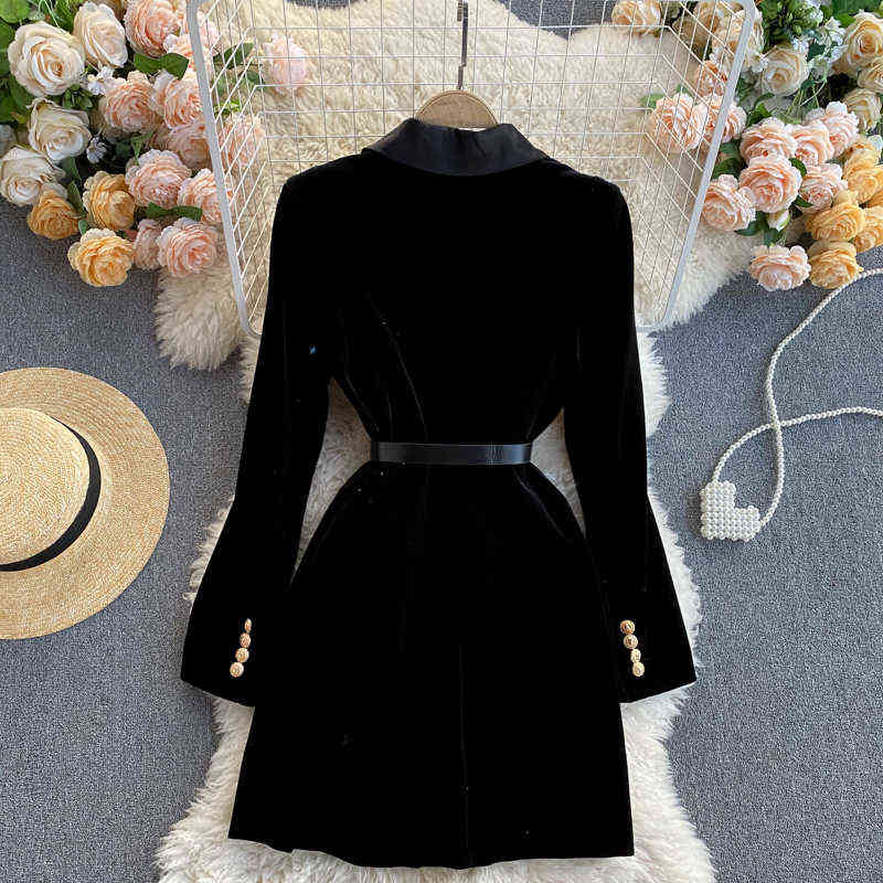 Blazer Coat Women Velvet Suit Jacket Winter Double Breasted Long Sleeve Ladies Black Belt Slim Outwear 211122
