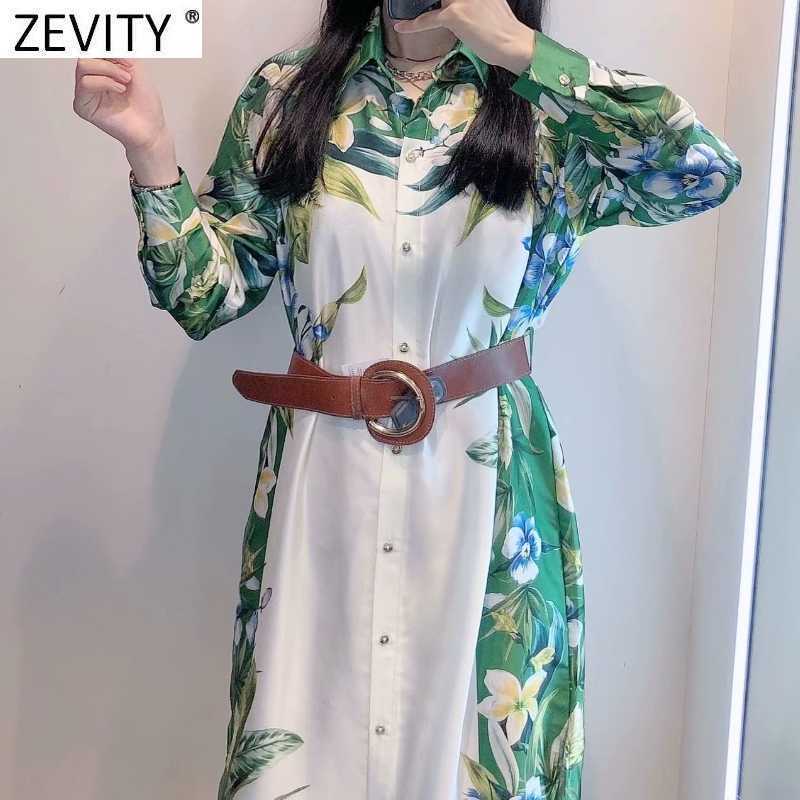 Zevity Women Vintage Green Flower Print Casual Slim Satin Shirt Dress Female Chic Side Split Sashes Kimono Vestidos DS8116 210630