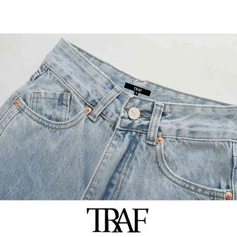 TRAF Women Fashion Side Pockets Faded Wide Leg Jeans Vintage High Waist Zipper Fly Denim Female Trousers Mujer 211129