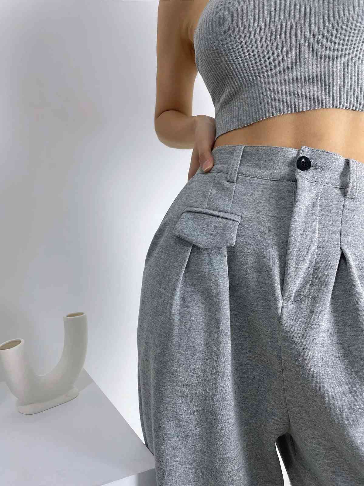 Women Pants Capris Gray High Waist Fashion Straight Loose Long Casual Trousers All Match 210513