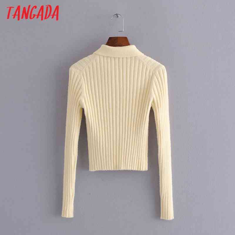 Women Fashion Elegant Knitted Sweater Jumper Turn Down Collar Female Pullovers Chic Tops 3H176 210416