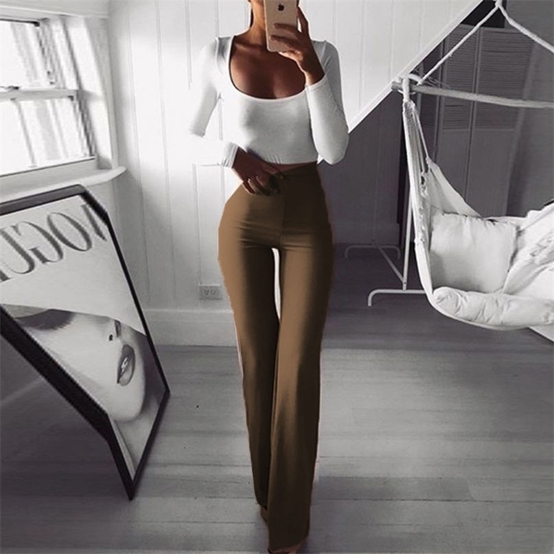 Autumn Elegant Solid Flare Women Pants Fashion Stretch Thin Wide Leg Trousers Spring Casual Slim High Waist Lady Long 211115