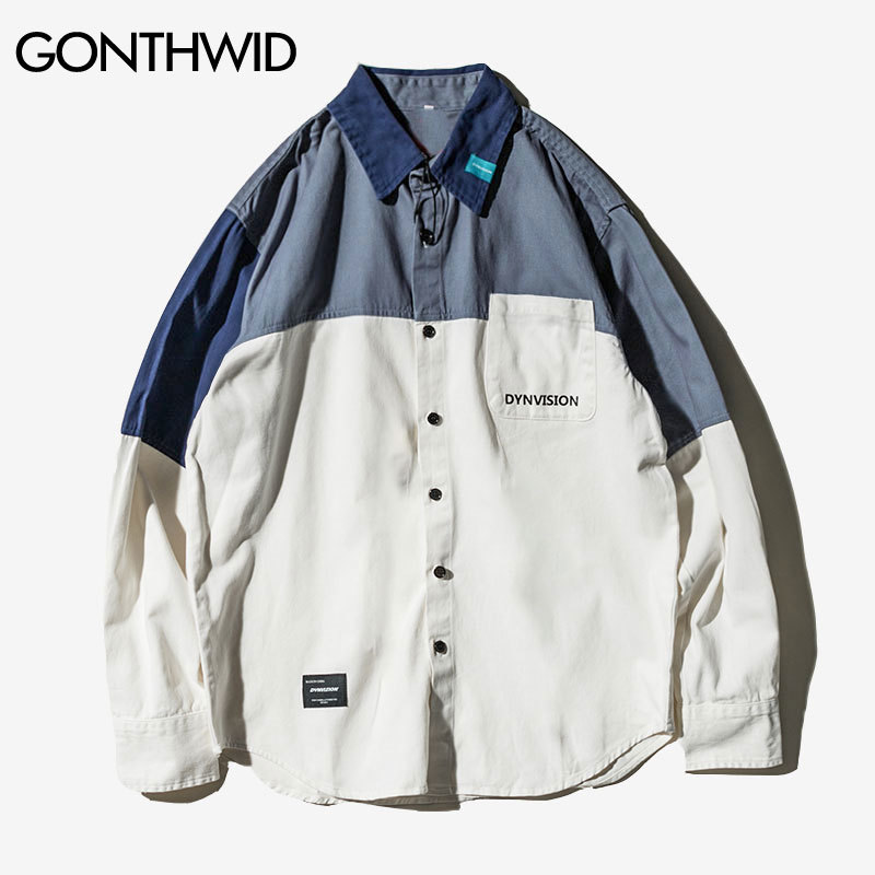 GONTHWID Color Block Patchwork Long Sleeve Dress Shirts Harajuku Casual Button Down Shirt Men Fashion Hip Hop Streetwear Tops 210410