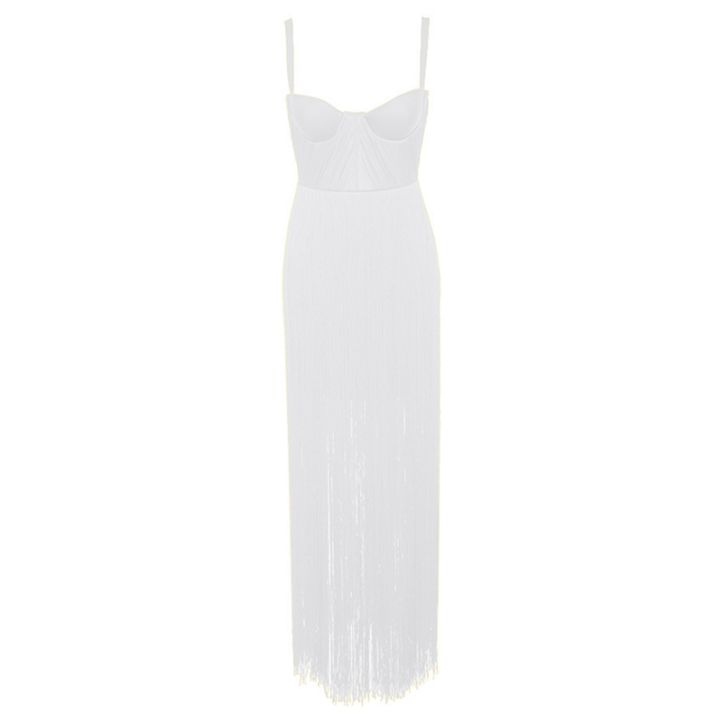 New Fashion High Quality Yellow Black Tassel Rayon Long Bandage Dress Celebrity Evening Party Dress 210409