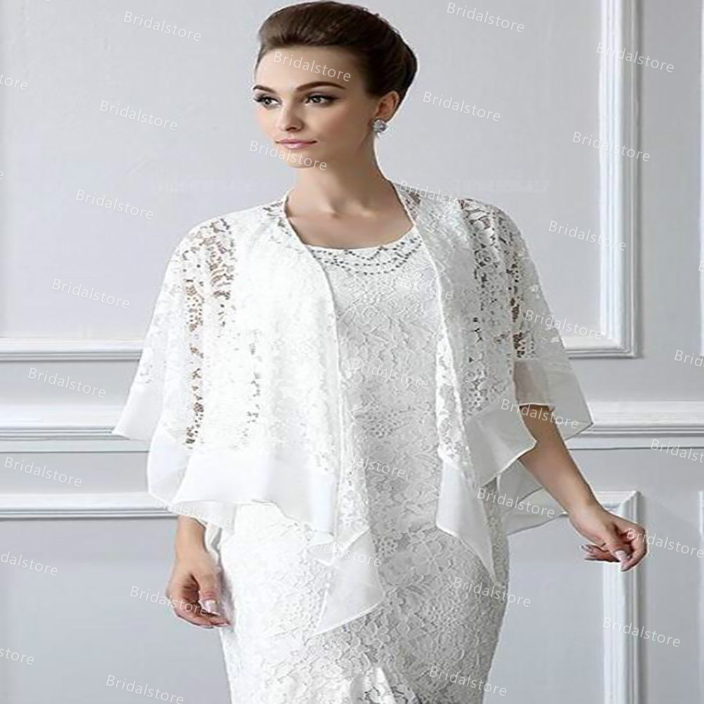 Gorgeous White Lace Mother Of The Bride Dresses Two Piece Summer Wedding Guest Party Dress 2021 Tea Length Chiffon Evening Prom Skirt With Jacket robe