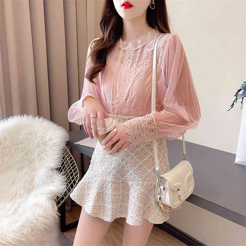 Spring Sweet Mesh Patchwork Lace Shirt Two Pieces Set + Trumpet Mermaid High Waist Tweed Woollen Skirt Suit 210520