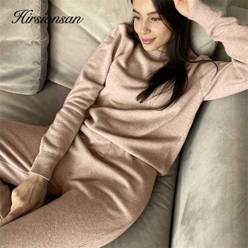 Hirsionsan Basic Two Piece Knitted Loose Pants and O Neck Sweater Women Autumn Winter Warm Sets Female Tracksuits Pullovers 211116