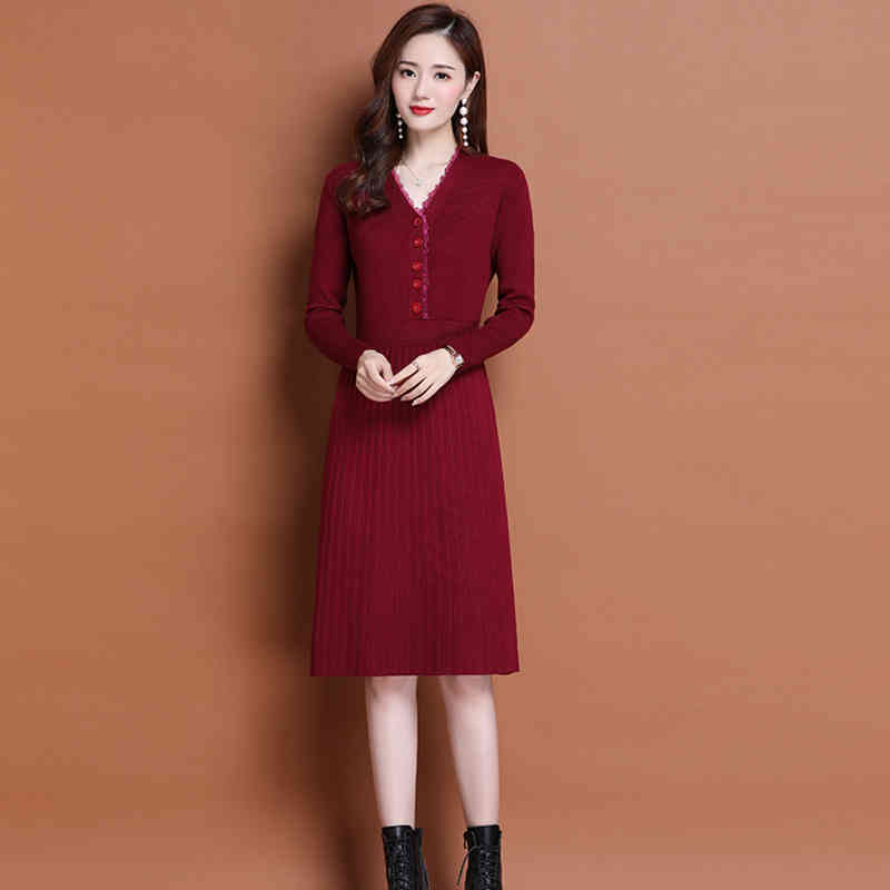 Lace Patchwork V-Neck Slim Waist Stretch Knitted Dress Women Button Decorations Knee-Length Lady Long Sleeve Knitwear Dresses 210522