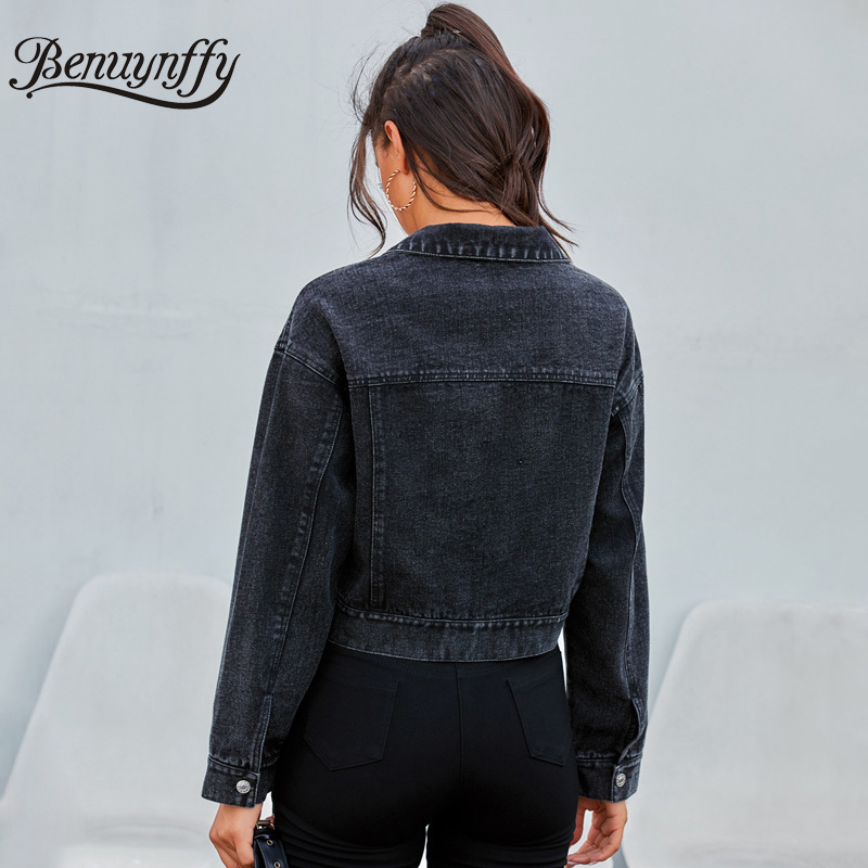 Spring and Autumn Black Denim Jacket Women Single-breasted Long Sleeve Crop Female Outerwear Jean Coats 210510