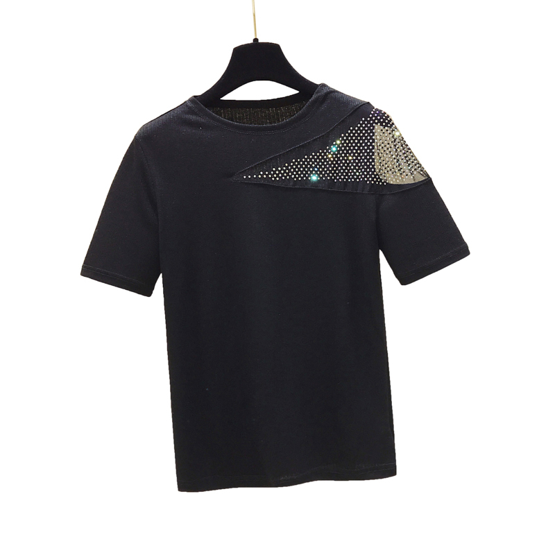 Summer Women's Short Sleeve O Neck Bling Patchwork Mesh T-Shirt Ladies Casual Pullover Tee Tops A3275 210428