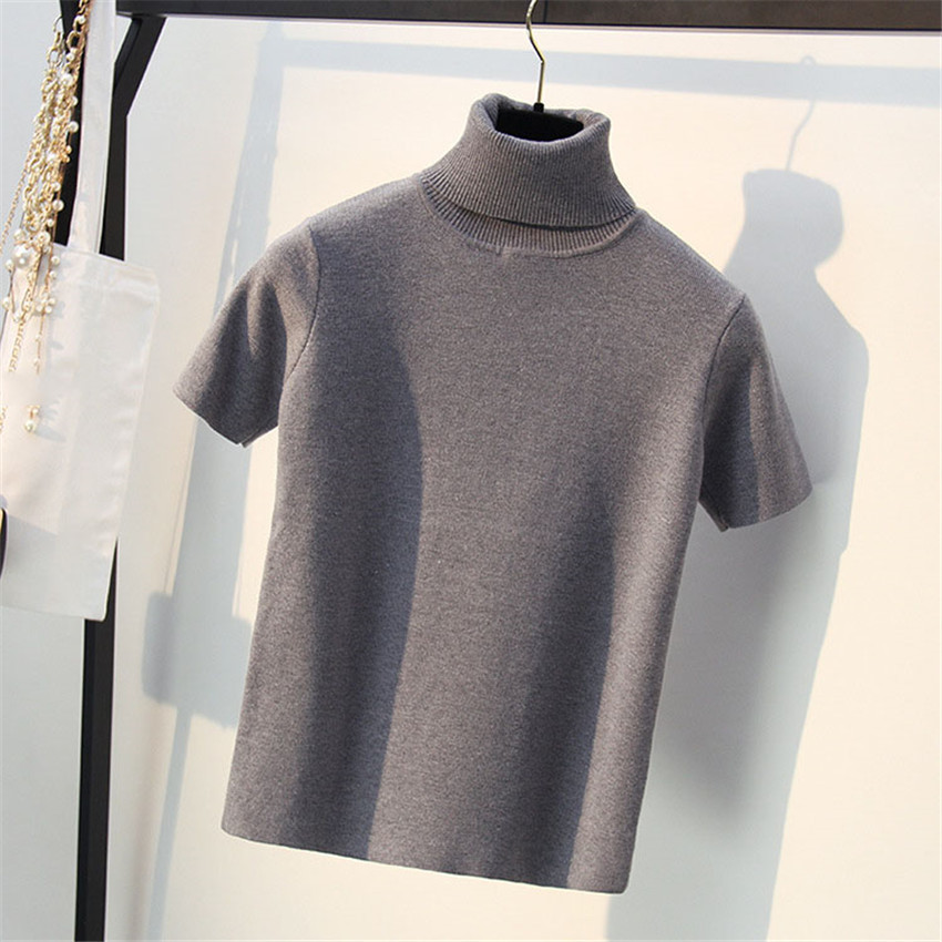Spring Knitted Tops Women Short Sleeve T shirt Autumn Winter Turtleneck Pullovers T-shirt Tee Shirt Femme Tshirt Knitwear 210406