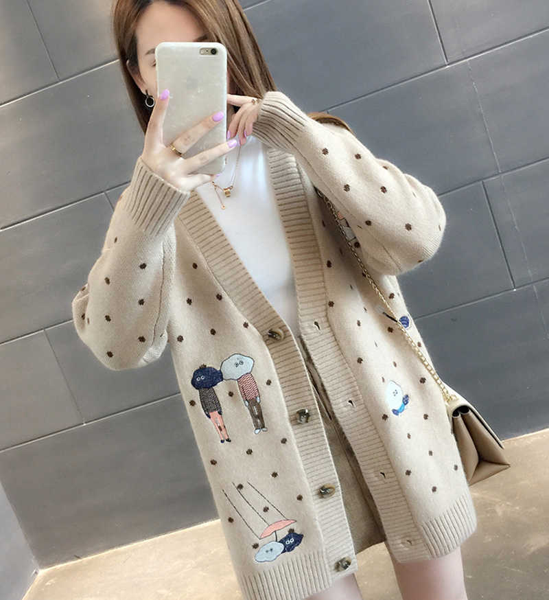 AZYT Autumn Dot Cartoon Print Knit Cardigan Women V Neck Long Sleeve shirt Tops Female Harajuku Sweater Coat 211018