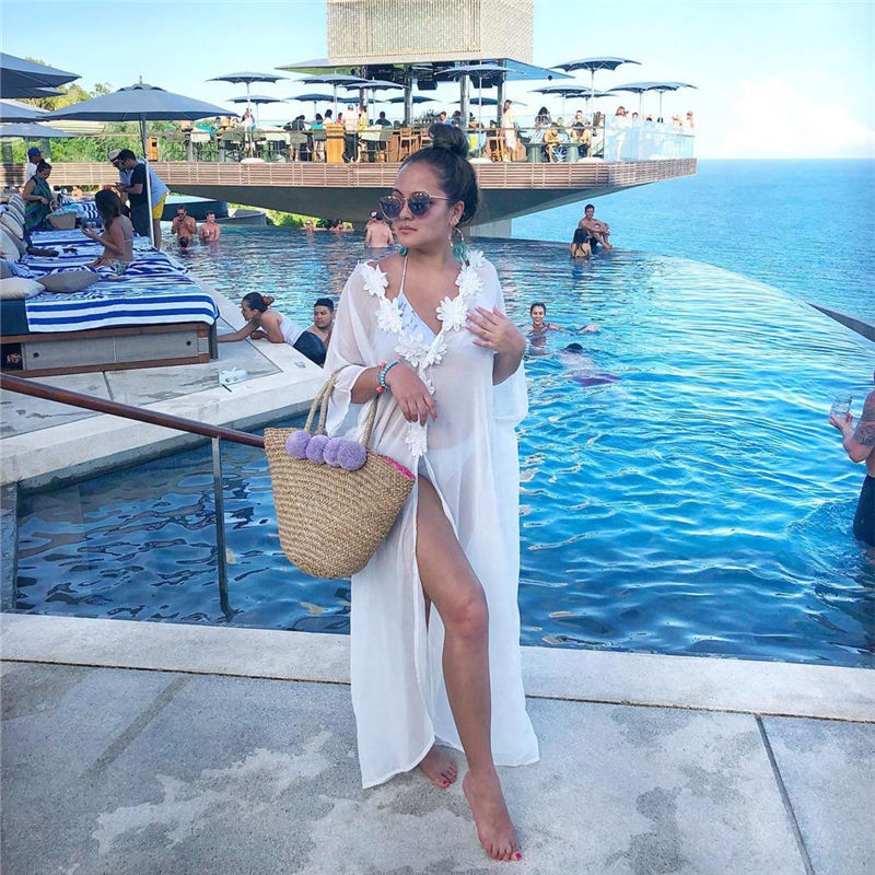 Honeymoon Dress Beach Cover up Lace Tunic Pareos Swimwear Women Bikini cover Chiffon Swimsuit #Q204 210420
