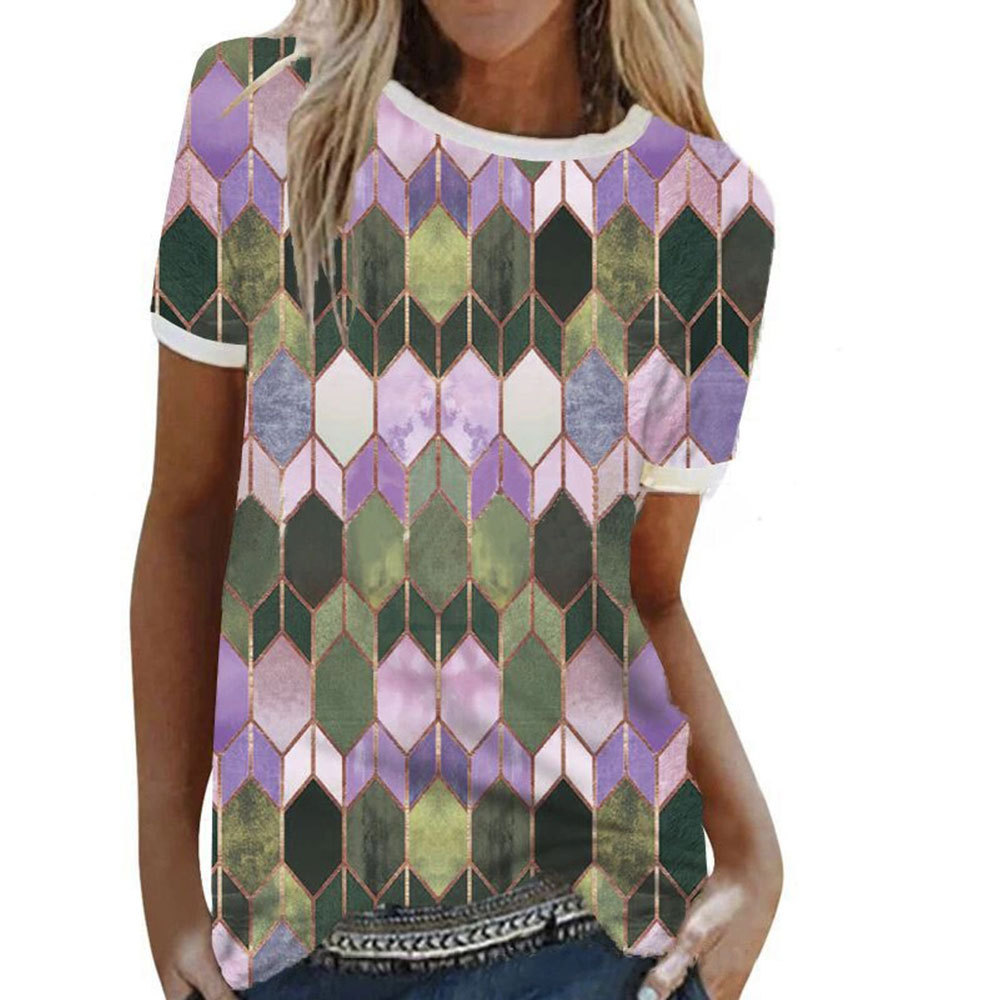 women's jacket geometric pattern printed round neck short sleeve t-shirt women, White
women's jacket geometric pattern printed round neck short sleeve t-shirt women, White