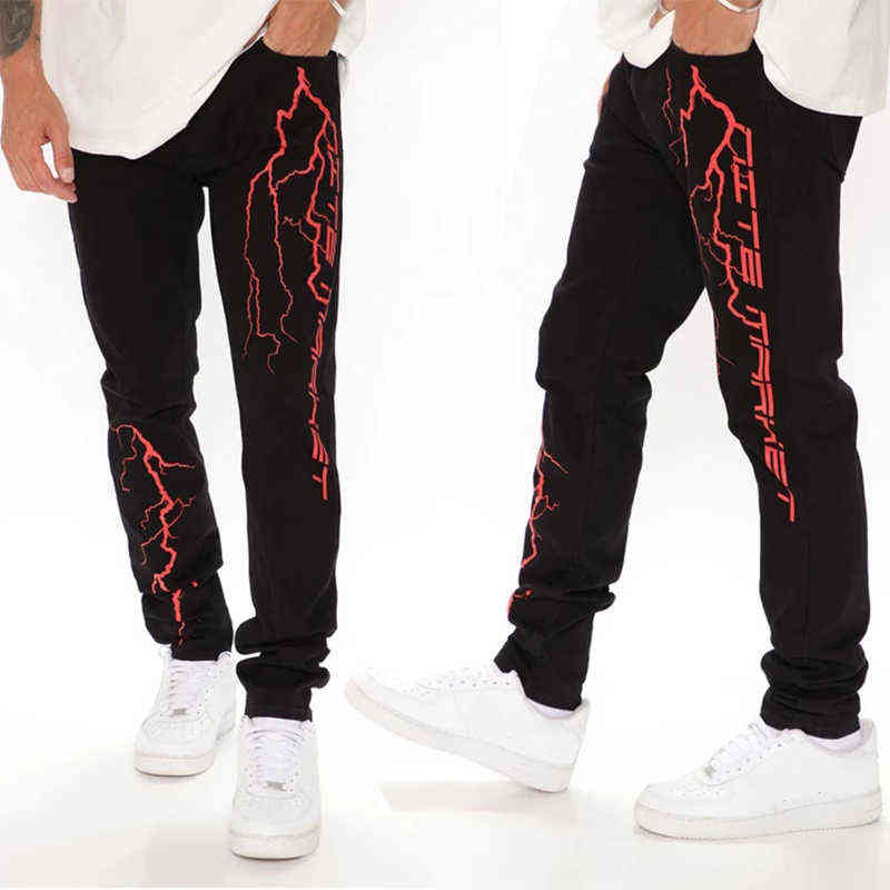 Men Black Jeans Fashion High Waist Stretch Washed Denim Pencil Pants Skull Pattern Letter Printed Street Trousers 211220