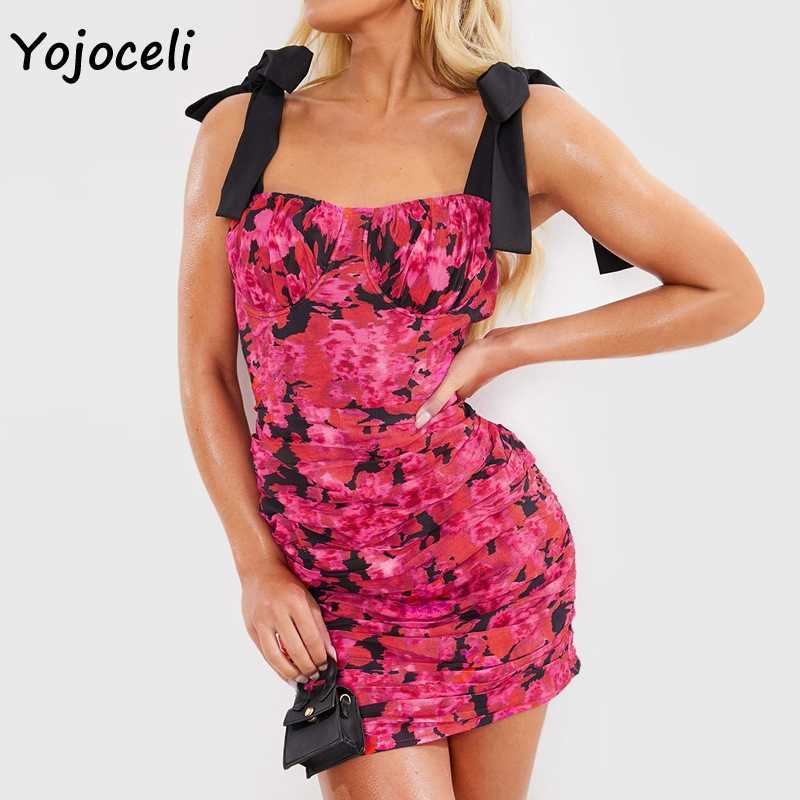Yojoceli sexy party club floral print dres bow mini female vestidos 210609