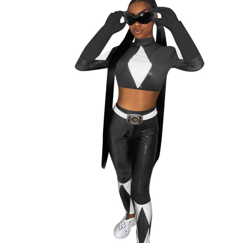 Women Fashion Sexy Locomotive Style Sets Long Sleeve High Collar Top Elastic Pants Two Piece Women's Tracksuits