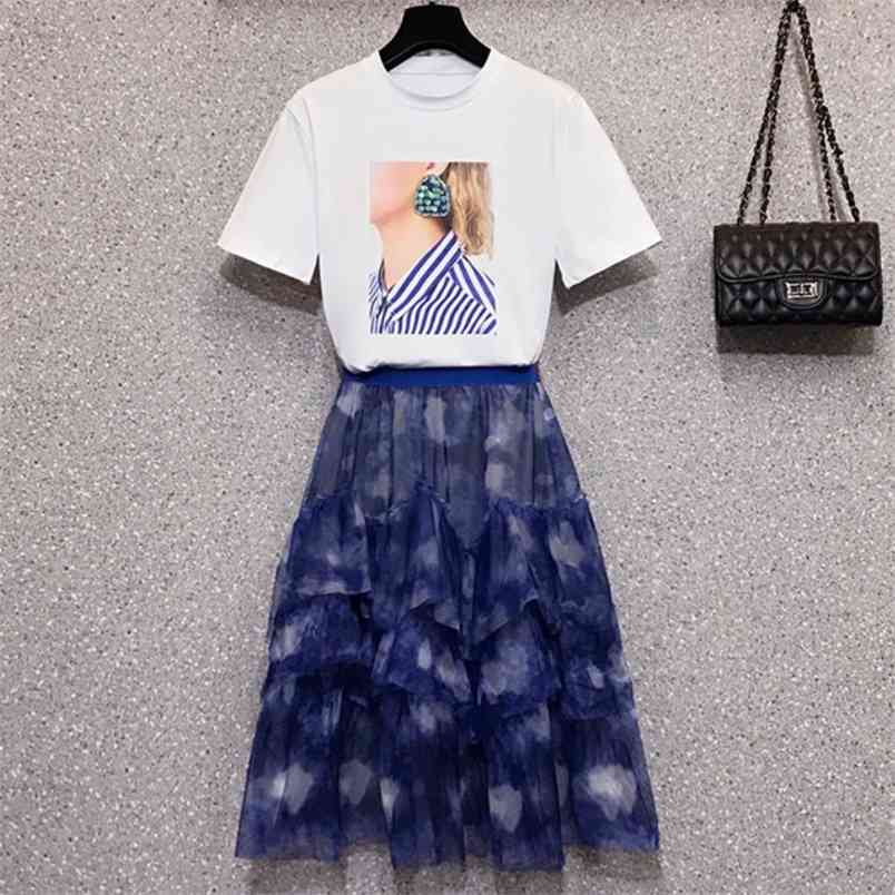 Summer Women's Two Piece Set Casual Short Sleeve T-shirt + Elastic Waist Mesh Ruffles Skirt Ladies Suits 210519, Photo color
Summer Women's Two Piece Set Casual Short Sleeve T-shirt + Elastic Waist Mesh Ruffles Skirt Ladies Suits 210519, Photo color