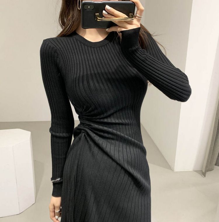 Women Long Sleeve Sweater Dress Drawstring Casual Autumn Winter O-Neck A Line Knitted Vestido Da Festa 210520