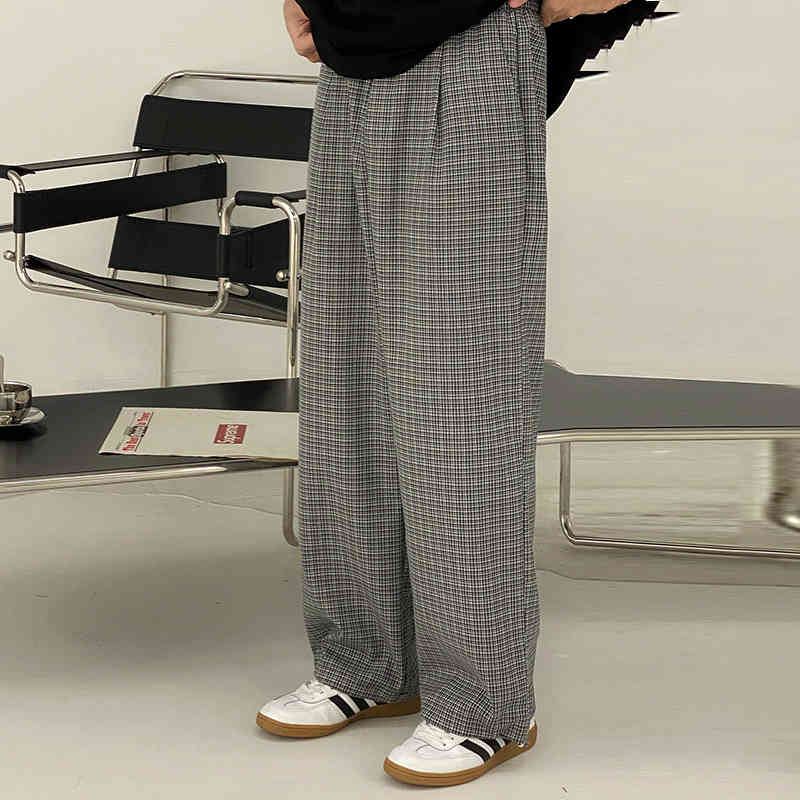 IEFB Korean Plaid High Waist Casual Pants For Men Spring Summer Vintage Wide Leg Causal Trousers Elastic Bottoms 9Y7416 210524