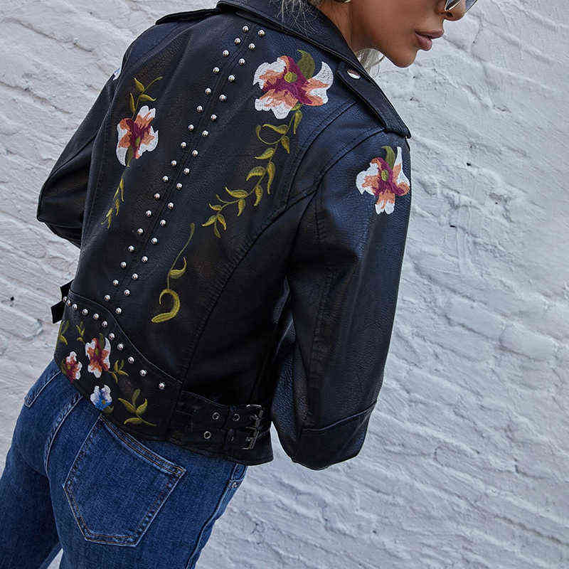 YIZZHOY Spring Autumn Floral Print Embroidery Faux Leather Jacket Women High Street Motorcycle Black Punk Outerwear Biker Jacket 211117