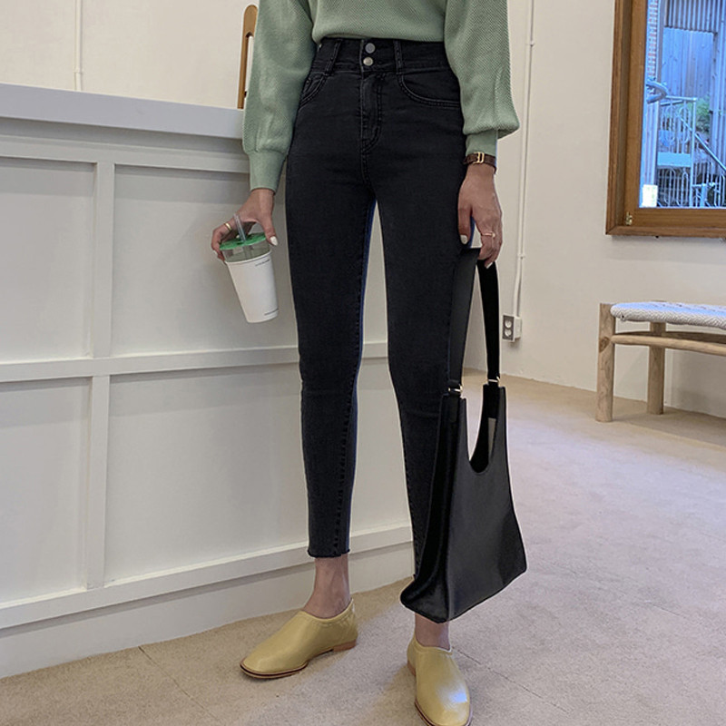 Black for Women Stretch Fashion High Waist Jeans Button Female Skinny Denim Pencil Pants Casual Trousers 10400 210417
