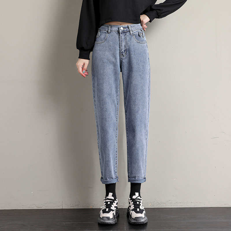 High Waist Jeans Spring Autumn Harem Pants Woman Denim Cotton Loose Fashion Women's Nine-point Straight 210922