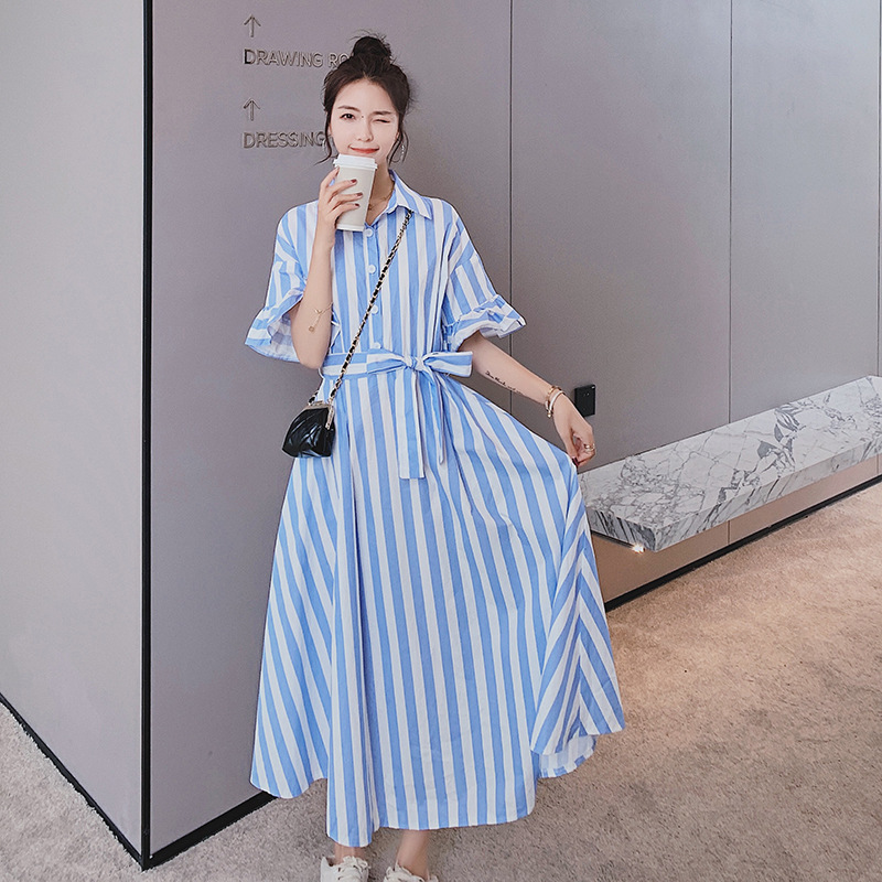 Summer Blue Striped Dress Short Sleeve Plus Size Lapel Dresses With Belt Female Fashion Streetwear 2D1677 210526