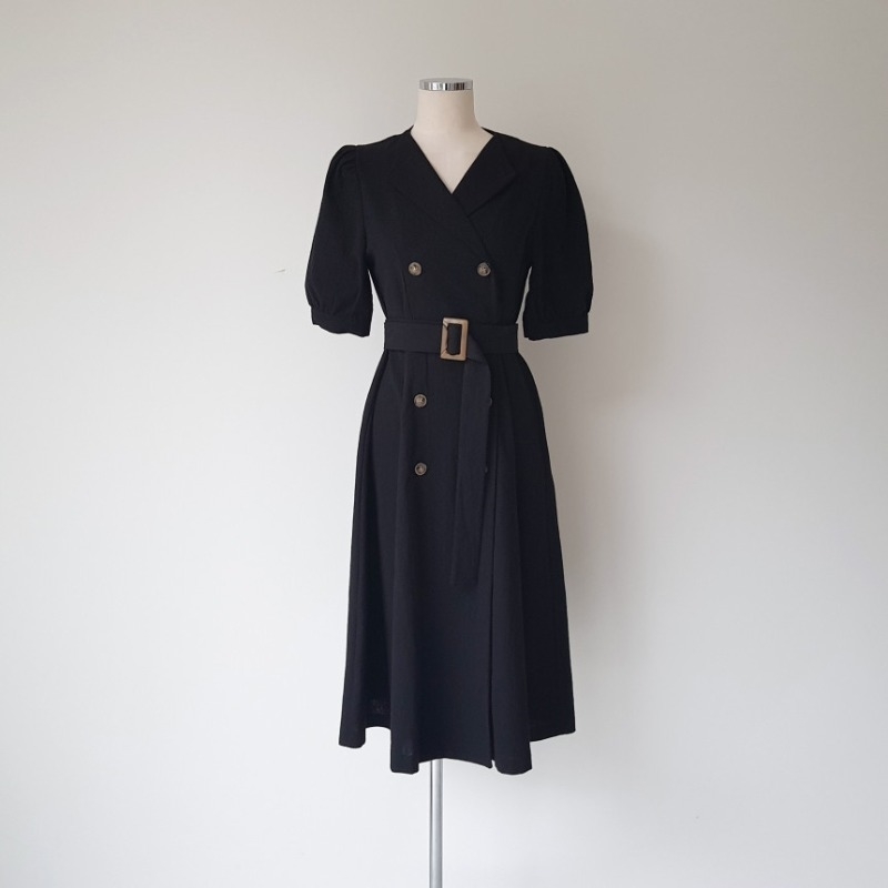 Arrival Vintage Short Sleeve Suit Collar Double-Breasted Slim Dress Women Puff Natural Notched Long Dresses 210520