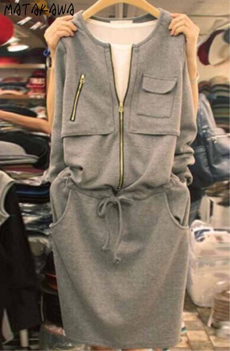 MATAKAWA Long-sleeved O-Neck Sweatshirt Woman Dress Korean Autumn Fashion Casual Femme Robe Straight Vestidos 210513