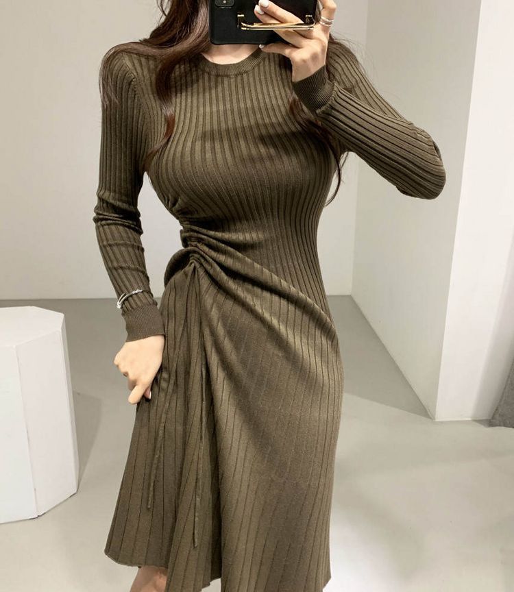 Women Long Sleeve Sweater Dress Drawstring Casual Autumn Winter O-Neck A Line Knitted Vestido Da Festa 210520