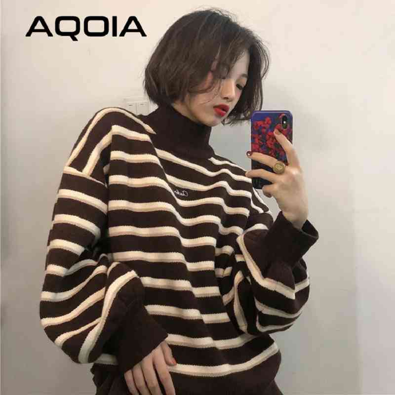 Winter Chic Pullover Women Striped Turtleneck Loose Knitwear Sweater Trendy Ulzzang Warm Student INS Coat Soft Daily Jumper 210521
Winter Chic Pullover Women Striped Turtleneck Loose Knitwear Sweater Trendy Ulzzang Warm Student INS Coat Soft Daily Jumper 210521