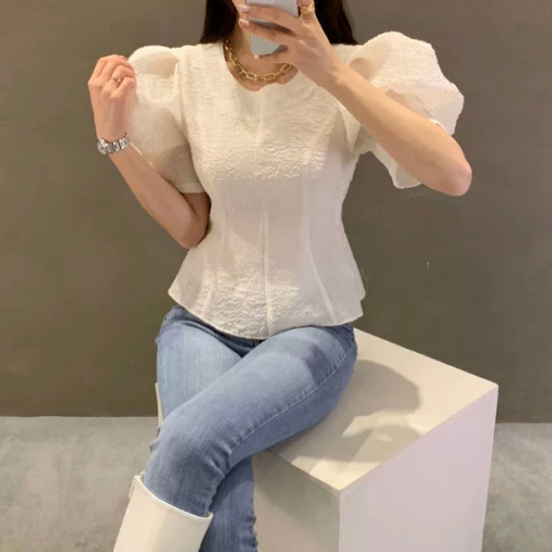 Korea Style Chic Bubble Sleeve Round Neck Women Blosue Short Slim Shirt Office Lady Top Female 13945 210427