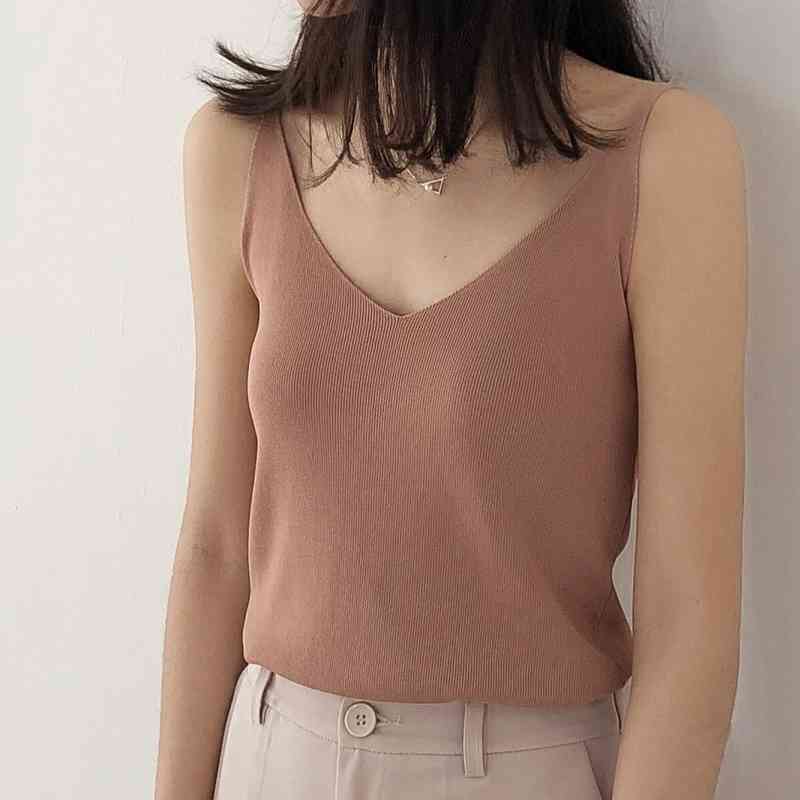Summer Women Tank Tops Casual Shiny Ice Silk Knitted Camis Sleeveless Vest Sexy Deep V-Neck Party Solid Camisole Femme 210514