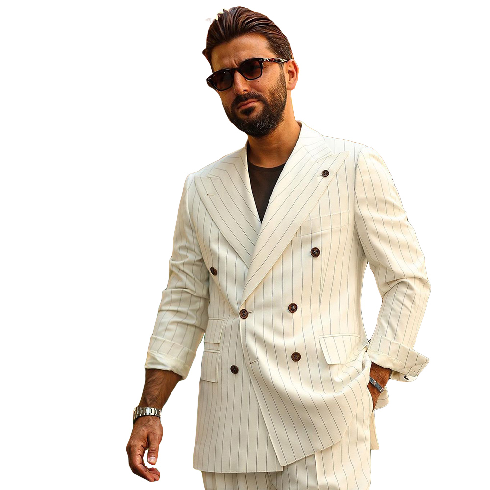 Beige Ivory Striped Tuxedos Mens Pants Suit 2 Pieces Double Breasted Groom Wear Peaked Lapel Prom Party Blazer (Jacket+Pants)