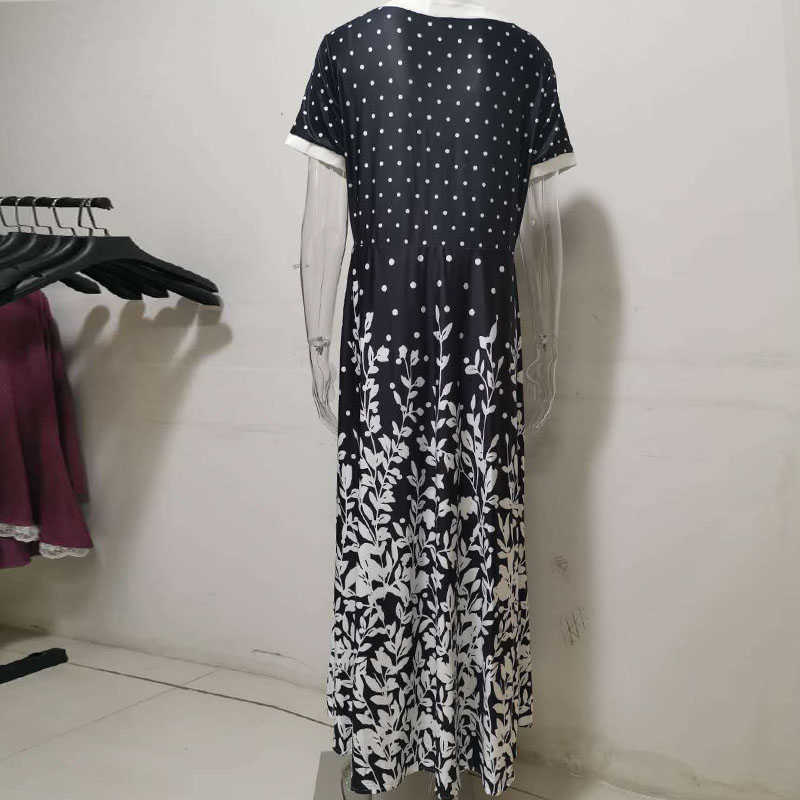 Casual Women Position Print Long Dress Summer Short Sleeve V-neck Dresses Ladies Loose Beach Maxi Dress Vestidos Plus Size Q0707